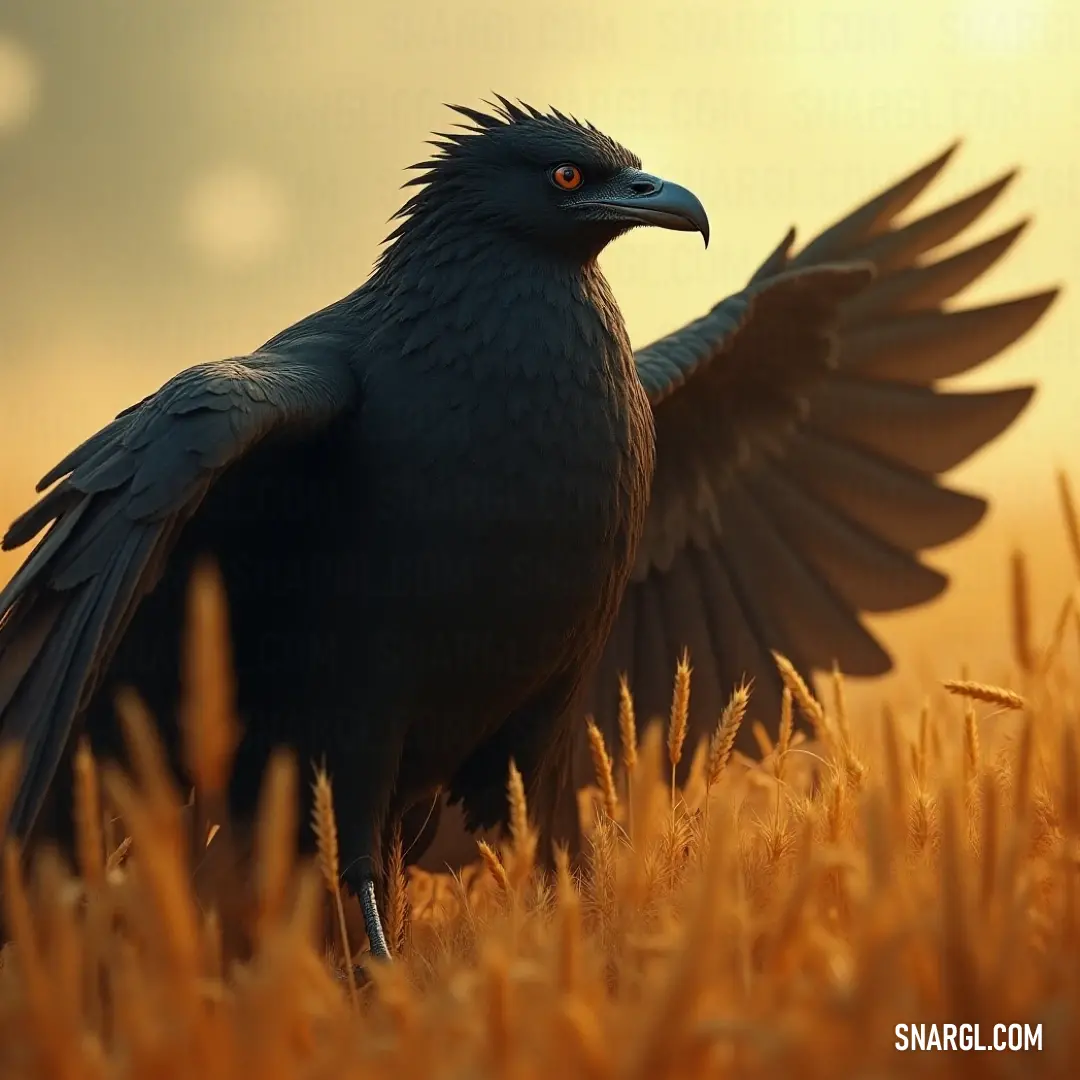 A Black Lightningbird, wings unfurled, flies through a lush field as sunlight shines from behind the clouds, creating a powerful and awe-inspiring scene. A striking Black Lightningbird with wings spread wide soars above a vibrant field of grass. Sunlight breaks through the clouds, casting rays across the bird's silhouette as it moves gracefully, a figure of both power and beauty against the sky.