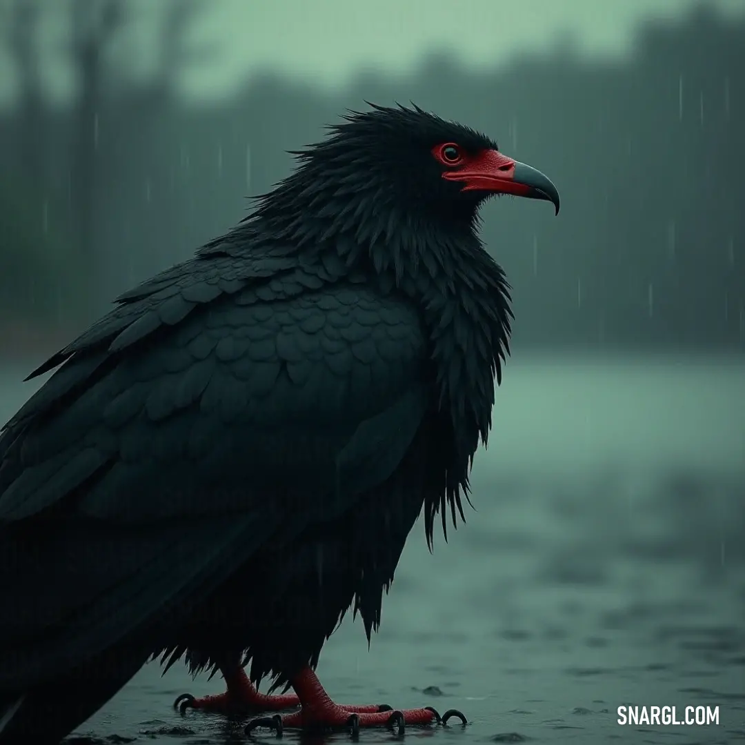 A striking Black Lightningclaw perches gracefully amidst a soft drizzle, its vibrant red beak contrasting against the moody backdrop of rain-soaked trees and a gray sky.
