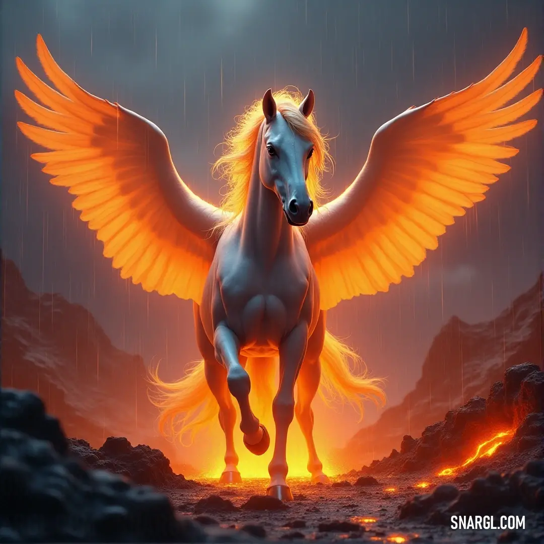 A winged being runs across a field of lava and rocks, the bright orange glow of the lava contrasting with the rain-soaked sky. A powerful winged creature charges through a fiery landscape of lava and rocks, the rain pouring down in torrents. The bright orange glow of the molten earth contrasts with the dark clouds overhead, creating a dramatic and intense atmosphere.