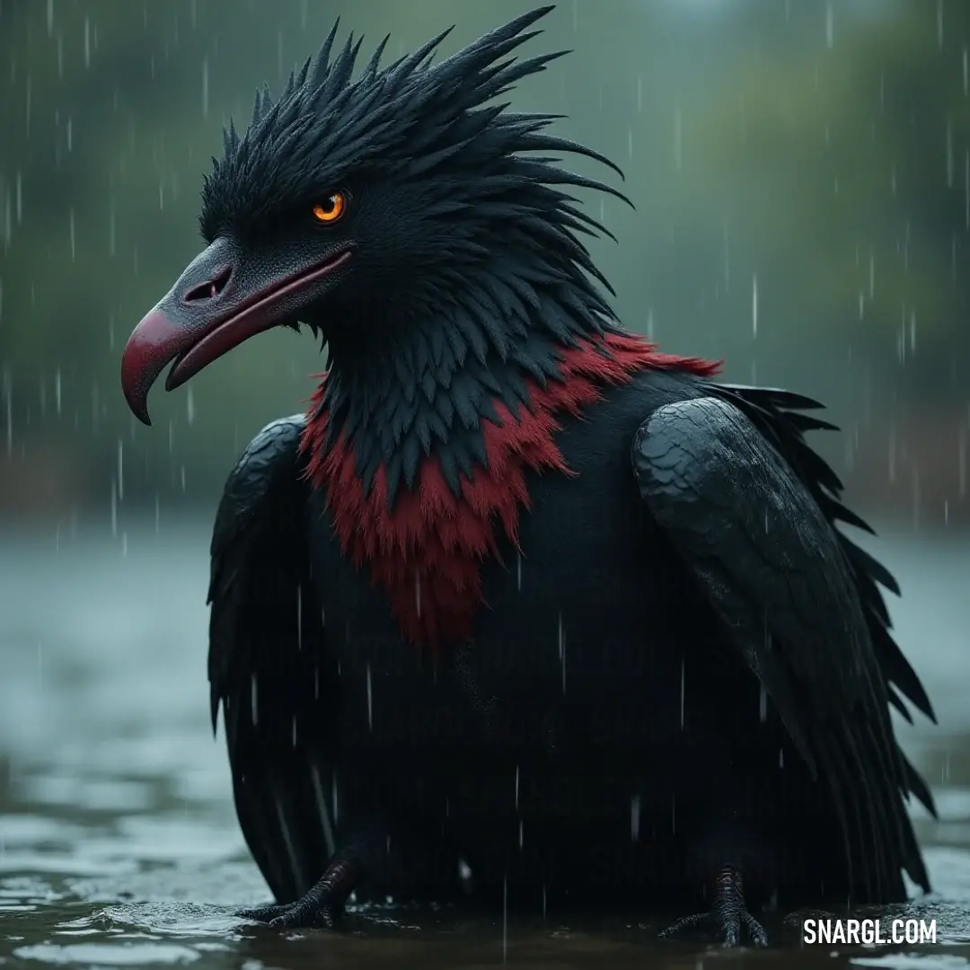 A dramatic portrait of a striking Black Lightningrider with vibrant red and black feathers, poised gracefully in a tranquil pool as raindrops cascade around its powerful figure.