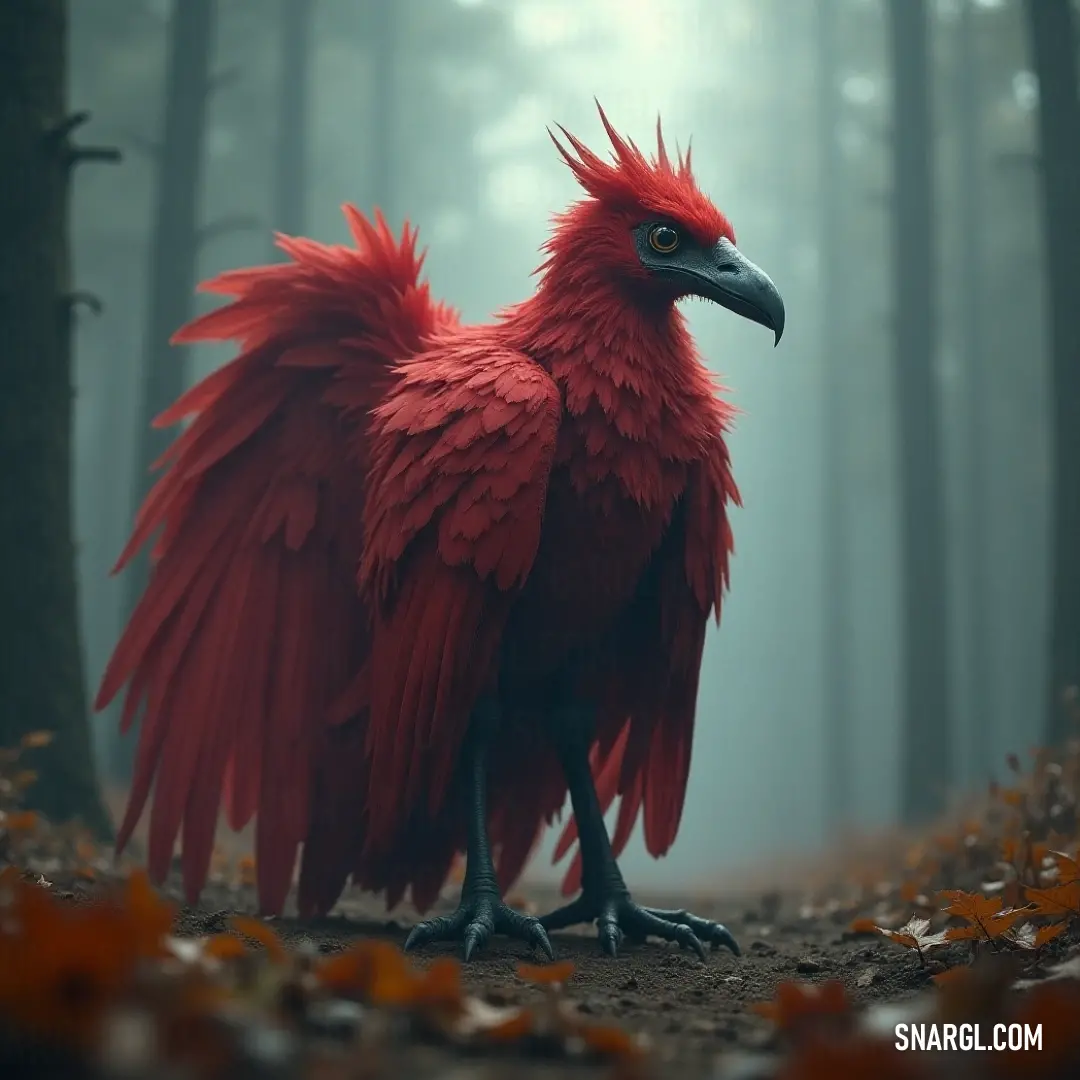 Step into the mystique of the forest where the Red Lightningstorm stands, its elongated wings poised amidst a serene fog, enhancing the creature's majestic beauty and the enchanting world that surrounds it. A striking Red Lightningstorm, with long wings gracefully extended, stands solemnly in a fog-blanketed forest, surrounded by fallen leaves, embodying an atmosphere of mysterious allure and raw nature's power.