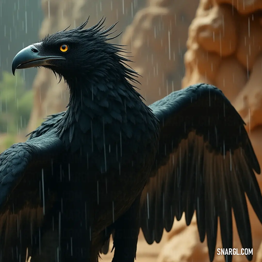 With yellow eyes glowing, Black Lightningstrike stands unyielding in the rain, its wings spread wide, facing the storm with unmatched power. Black Lightningstrike, with fierce yellow eyes, stands in the rain with its wings spread wide, its powerful presence illuminated by the storm as it faces the oncoming tempest.