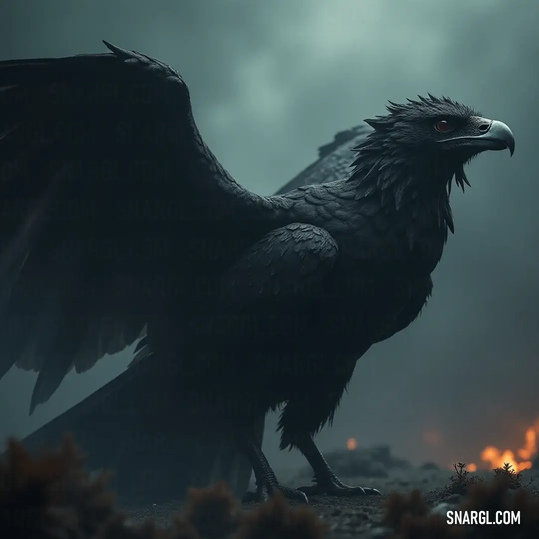 With red eyes blazing, Black Lightningstrike stands resolute on a rocky hill, the fiery glow of the flames behind it casting a fierce light on its form. Black Lightningstrike, its red eyes glowing ominously, stands tall atop a rocky hill with a raging fire in the background, its silhouette a powerful contrast against the flames.