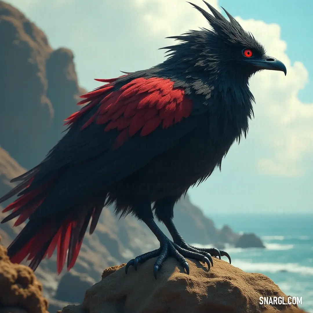 An impressive Black Lightningtalon with captivating red and black feathers perched on a rock overlooking the ocean and sky. An awe-inspiring Black Lightningtalon with striking red and black feathers perches gracefully on a rocky ledge by the ocean, its intense gaze directed at the horizon where the blue sky merges with rolling clouds, embodying the wild spirit of the coast.