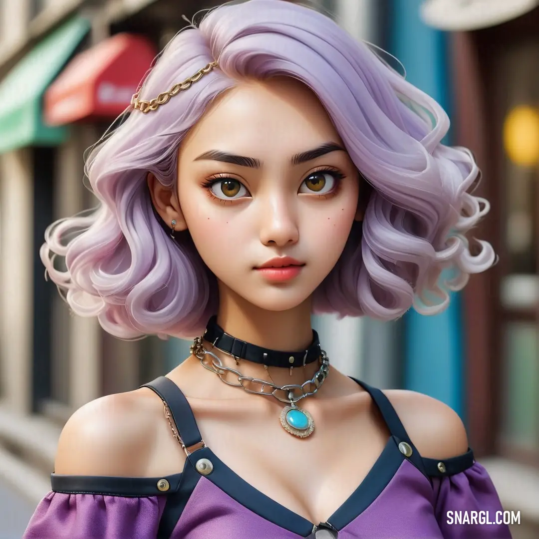 Cartoon girl with a purple hair and a choker on her neck. Color Lilac.