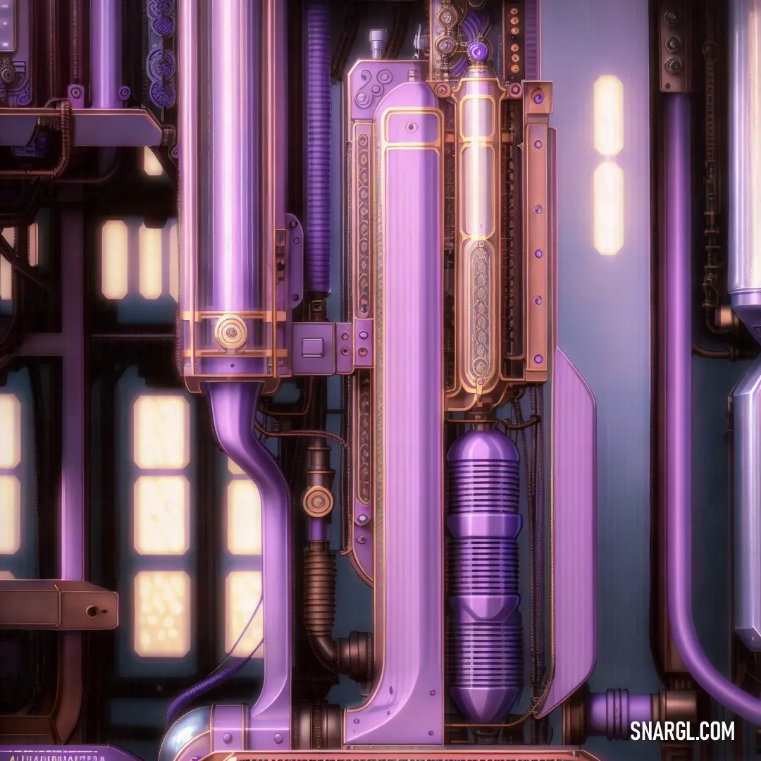 Computer generated image of a purple and gold pipe system with pipes and valves and pipes