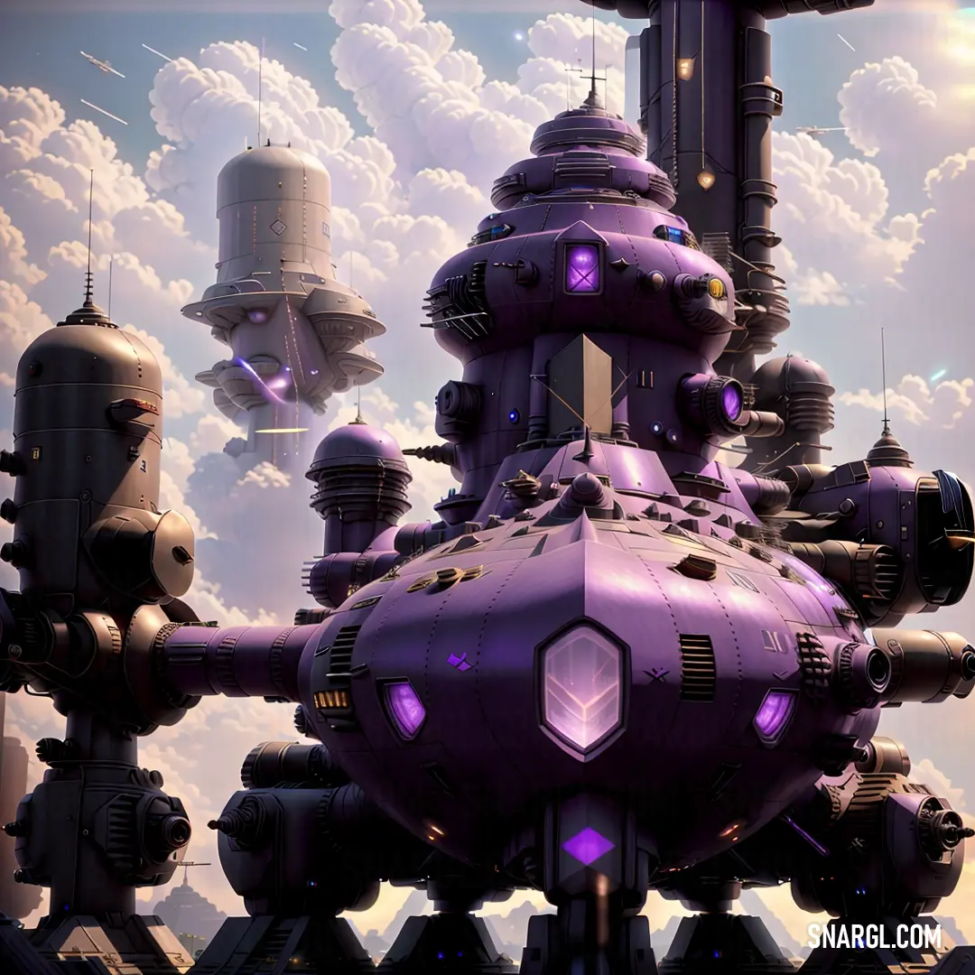 Futuristic city with a lot of pipes and a giant purple object in the sky above it is a lot of clouds