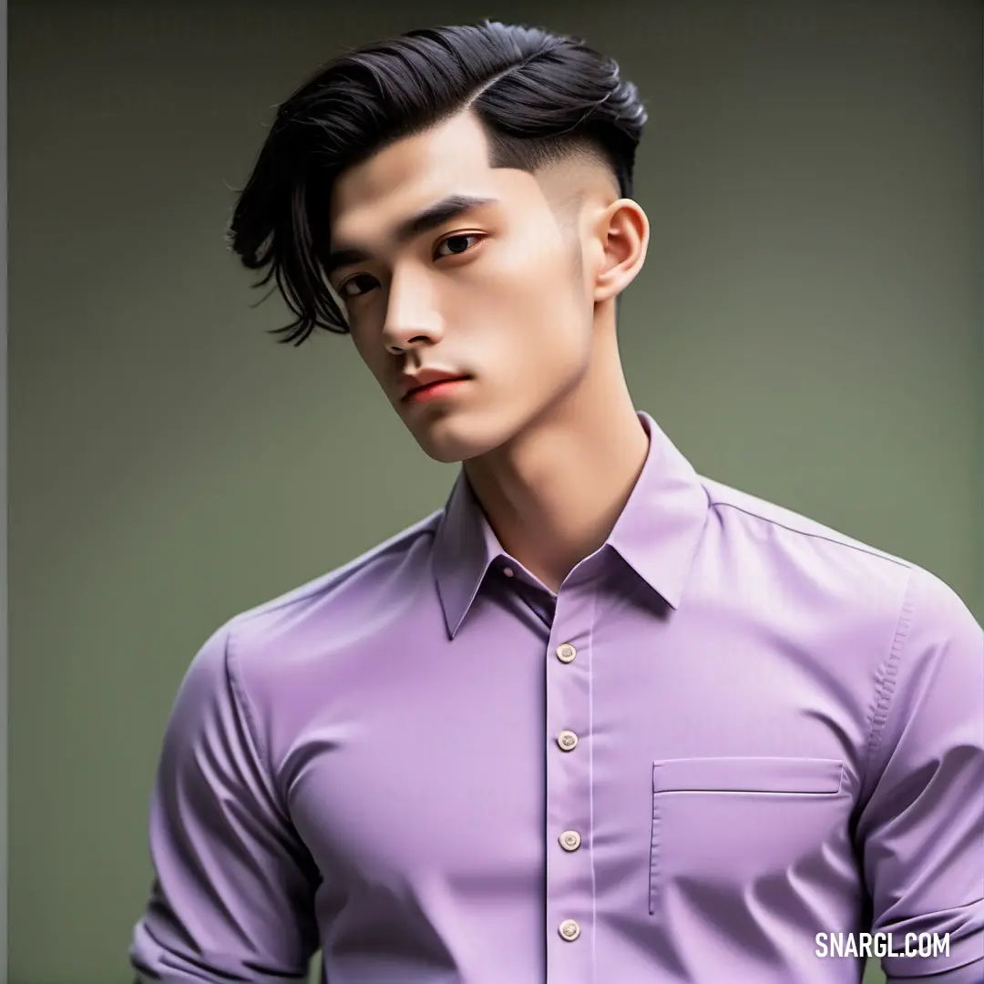 Lilac color. Man with a short black hair wearing a purple shirt and a black tie and a black tie and a green background