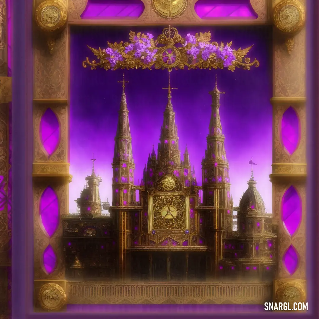 Picture of a clock tower with a purple background and a gold frame with a purple background