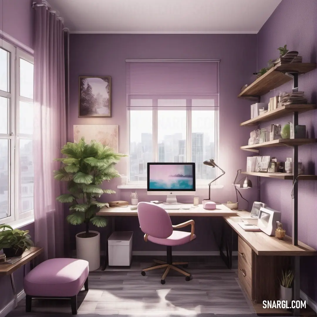 Room with a desk, chair and computer monitor on it. Color Lilac.