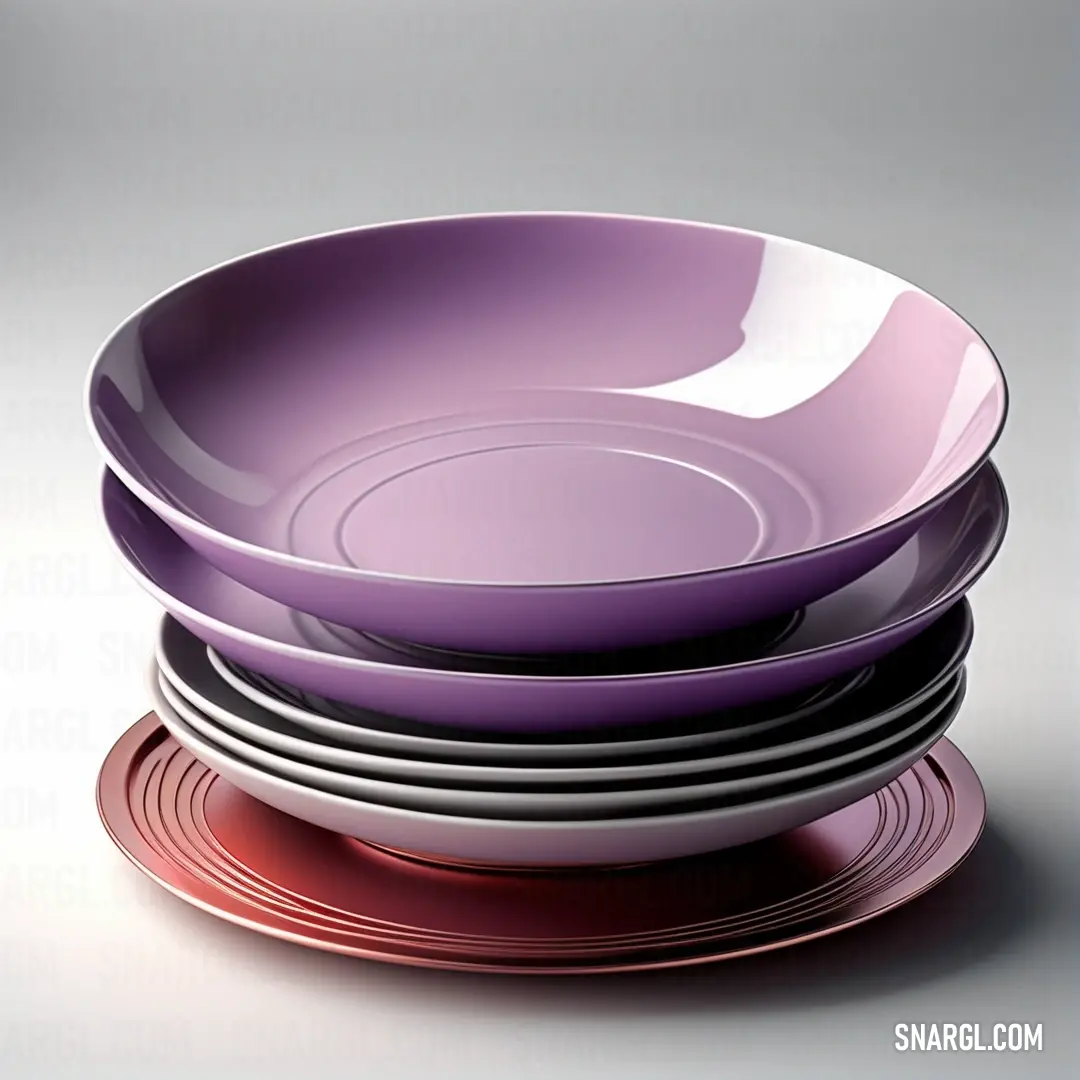 Stack of purple plates on top of each other on a table top with a red plate underneath. Color #C8A2C8.