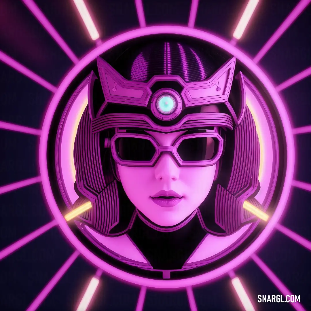 Woman with a helmet and glasses in a circle with neon lights around her