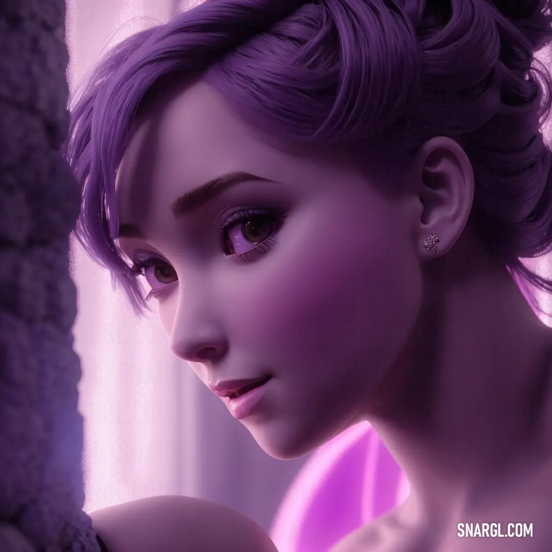Woman with purple hair and a purple dress is looking out a window at the outside of the picture