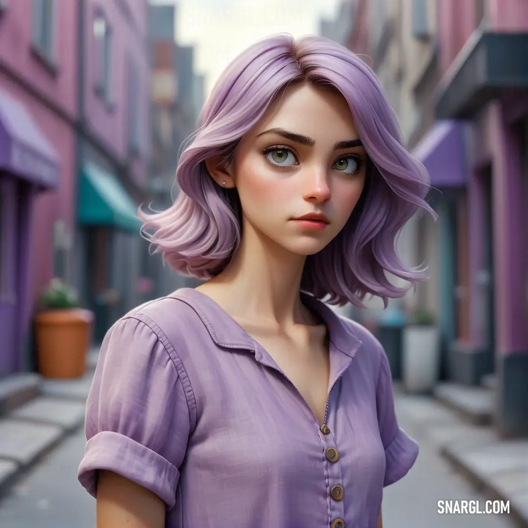 Lilac color example: Woman with purple hair standing on a street corner in a city with buildings and a potted plant