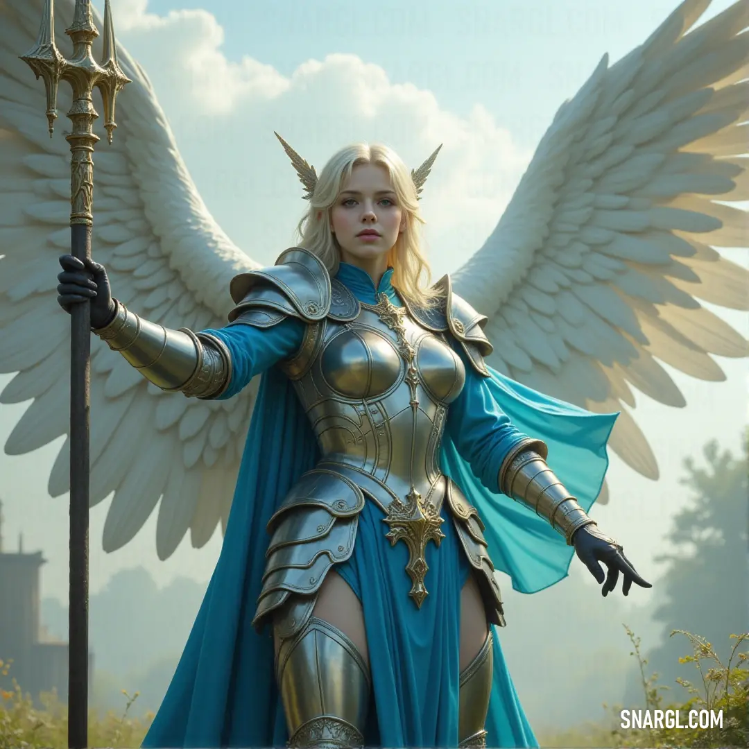A powerful woman in armor stands armed with a sword and staff, her wings unfurled, embodying strength and courage for the battles ahead. A fierce warrior woman dressed in intricate armor, holding both a staff and a sword, stands tall with her wings spread, ready for battle, exuding strength and determination in the face of any challenge.