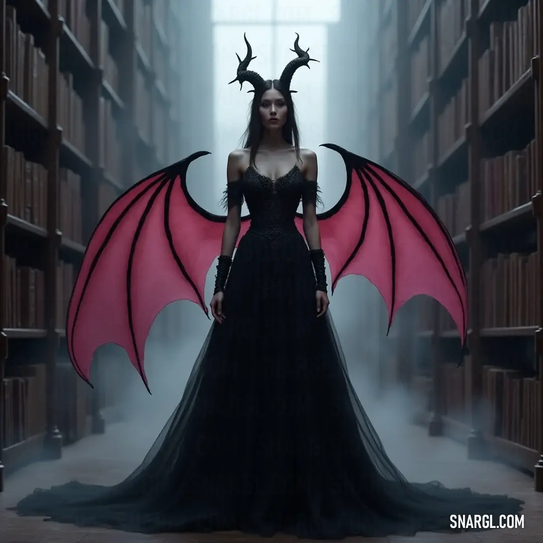 In an atmospheric library, this striking figure combines elegance and mystery, her dark attire and dragon wings weaving together tales of ancient lore and untold stories. An enchanting figure adorned in a sleek black dress, with majestic dragon wings poised over her head, stands amidst towering bookshelves, a realm of knowledge and mystery surrounding her.