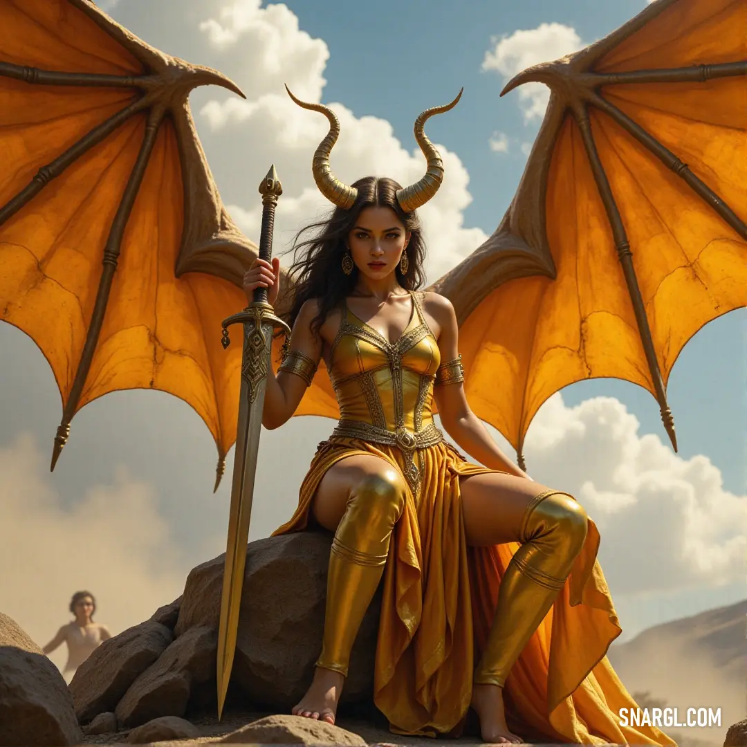 Lilith in a stunning golden dress with a sword and dragon wings, commanding the wilderness from atop a rock. Lilith dons a dazzling golden gown, her sword raised high as dragon-like wings curl above her, perched on a rock amidst a fierce and wild landscape, a symbol of both beauty and battle.