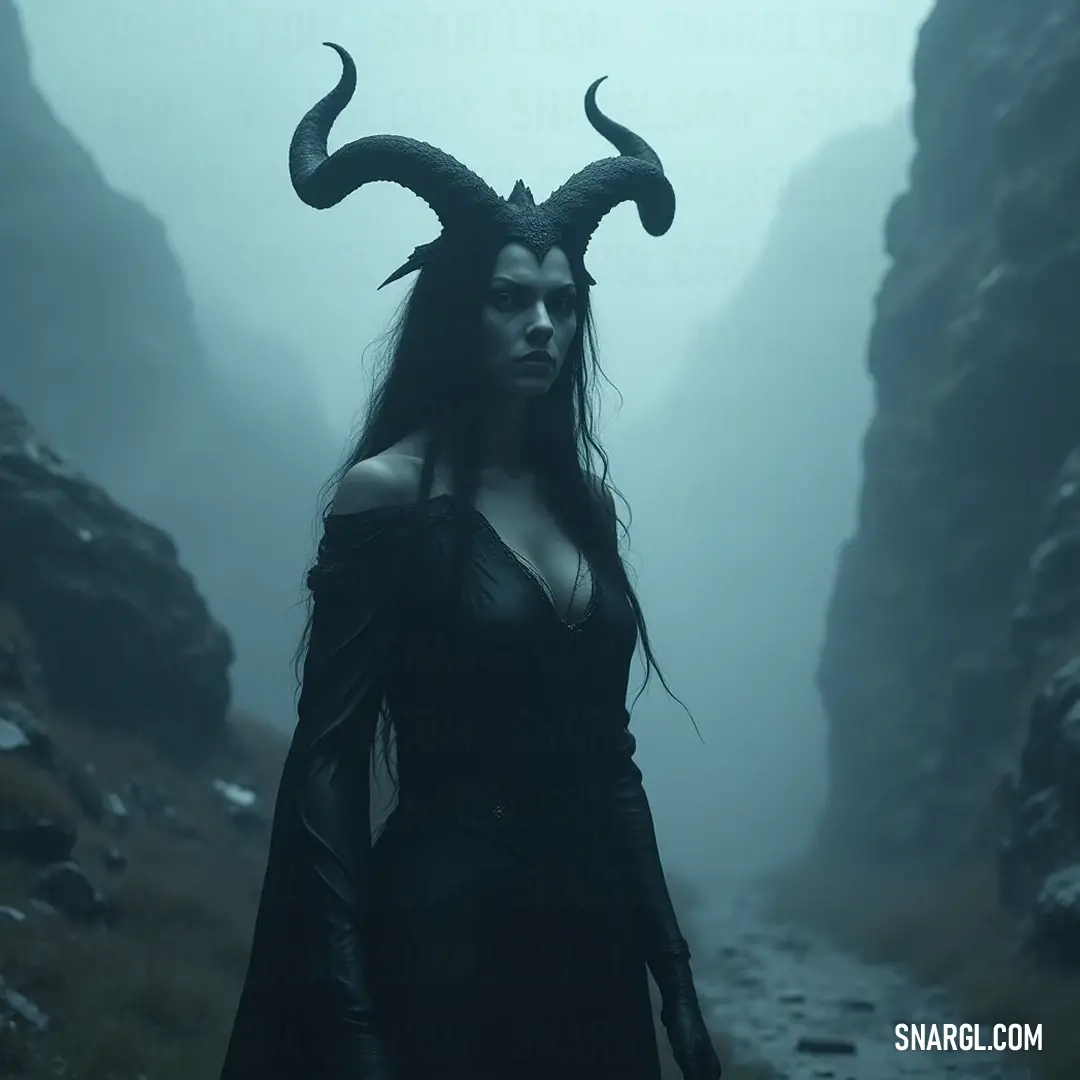 Lilith stands confidently in a foggy rocky area. Lilith stands resolute in a rocky landscape, enveloped in a shroud of fog. The raw beauty of nature surrounds her, enhancing the mystical qualities as her horns pierce the atmosphere, merging strength with tranquility.