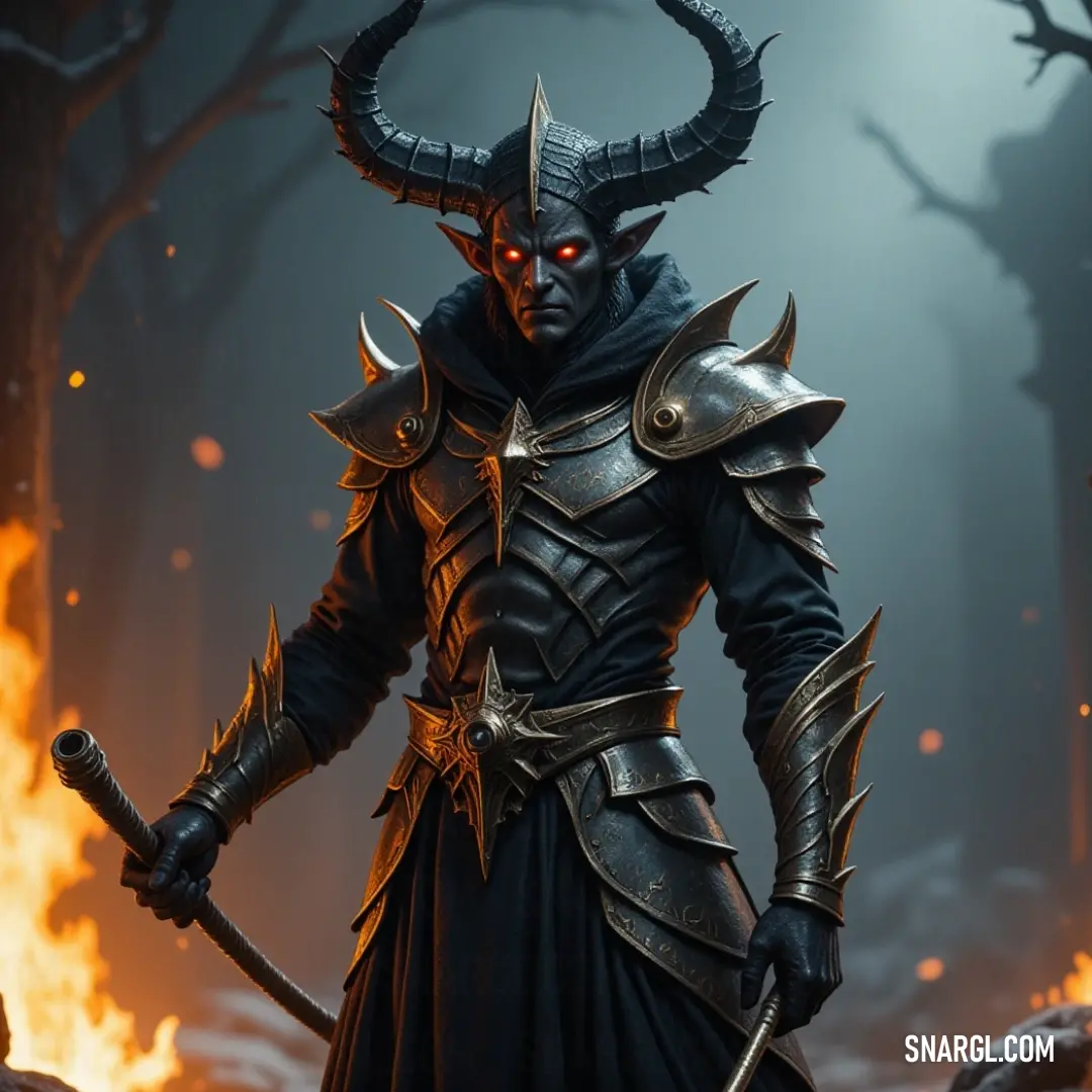 Lilith, donned in shining armor and holding her sword, stands defiantly before a raging fire that engulfs the forest around her. A fierce warrior, Lilith, stands tall in shimmering armor, her sword ready as she faces a fiery, smoke-filled forest. The flames reflect in her determined eyes, making her a formidable figure in this intense, burning world.