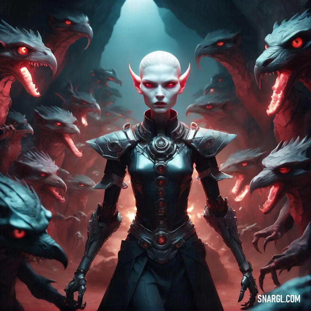 Lilith in an armor is surrounded by demonic creatures in a dark cave with red eyes