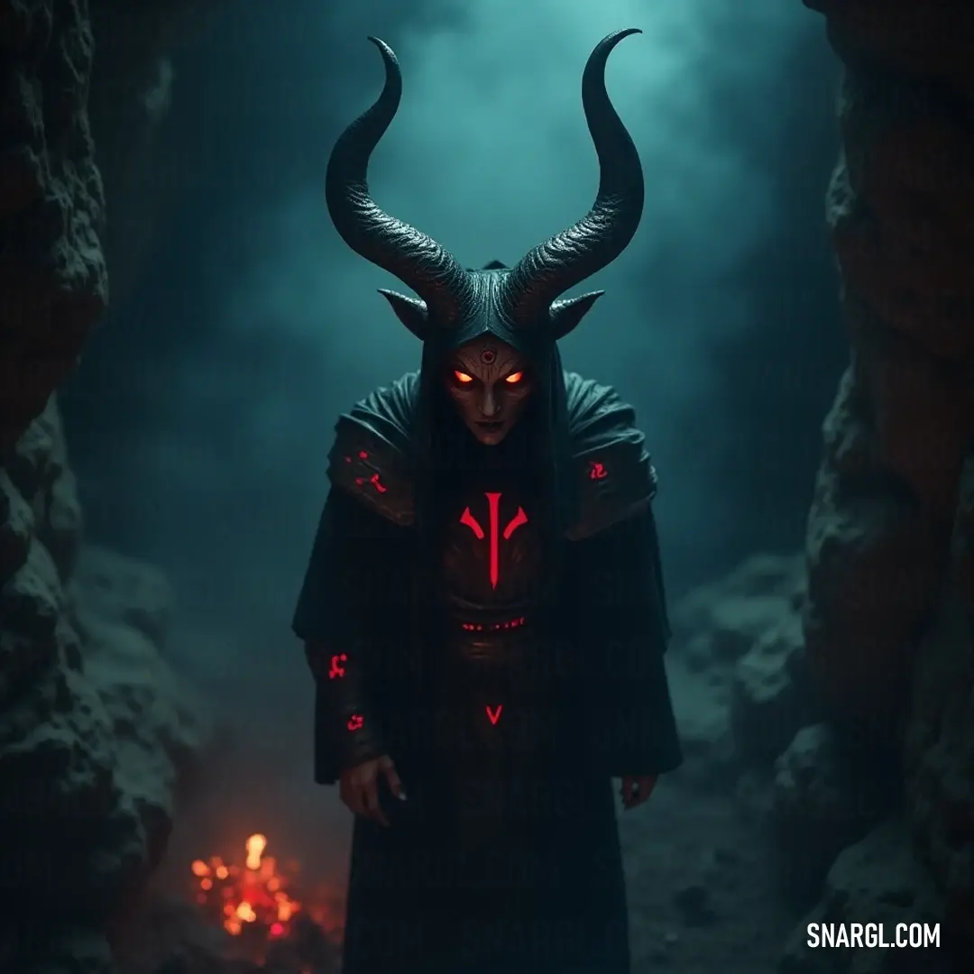 Lilitu presents a dramatic figure, cloaked in a hooded outfit that accentuates her striking horns, illuminated by an ethereal glow deep within a mystical cave.