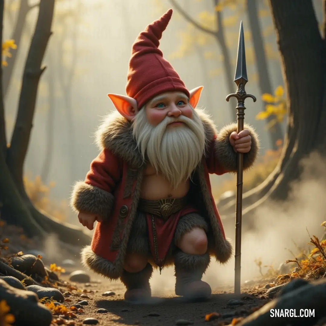 Lille Tomten, adorned with a long beard and a striking red hat, brandishes a sword while standing confidently amidst a lush forest filled with trees and vibrant autumn leaves.