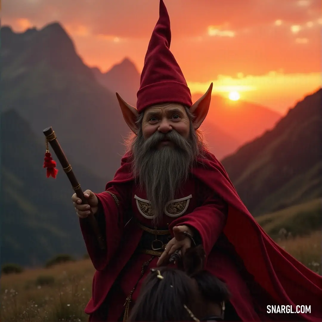 Lilli, dressed in red and sporting a long white beard, stands confidently on a rocky landscape. She holds a stick in her hand with a majestic mountain range looming in the background, under a crisp, clear sky.