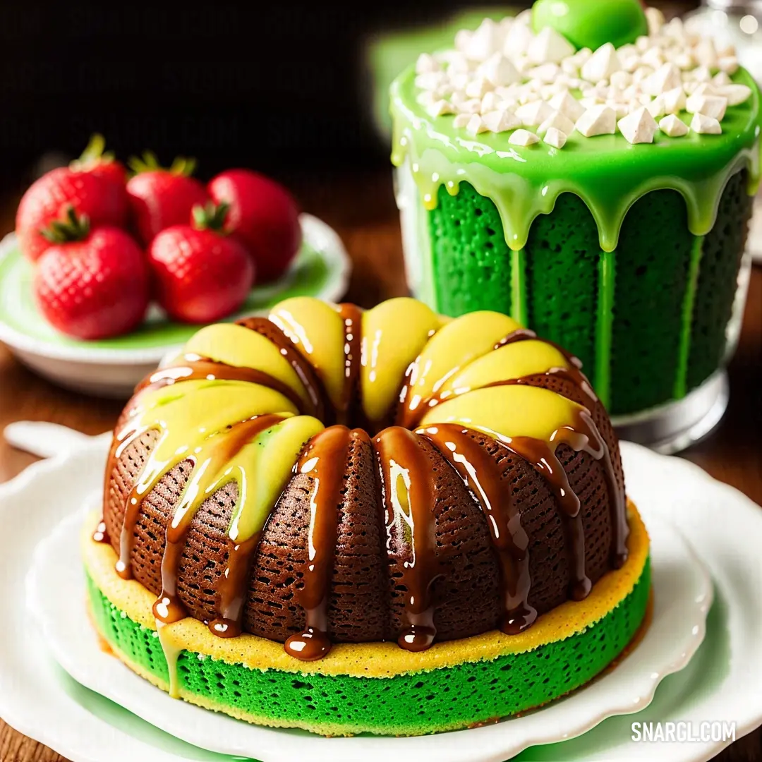 Lime green color example: Cake with a green frosting and a yellow and green icing on top of it on a plate