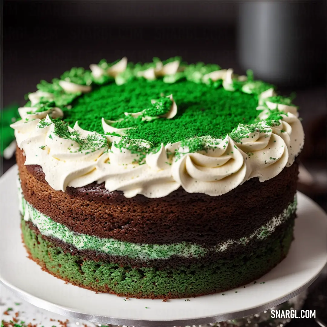 Cake with green frosting and white frosting on a plate with a spoon and a cup of coffee