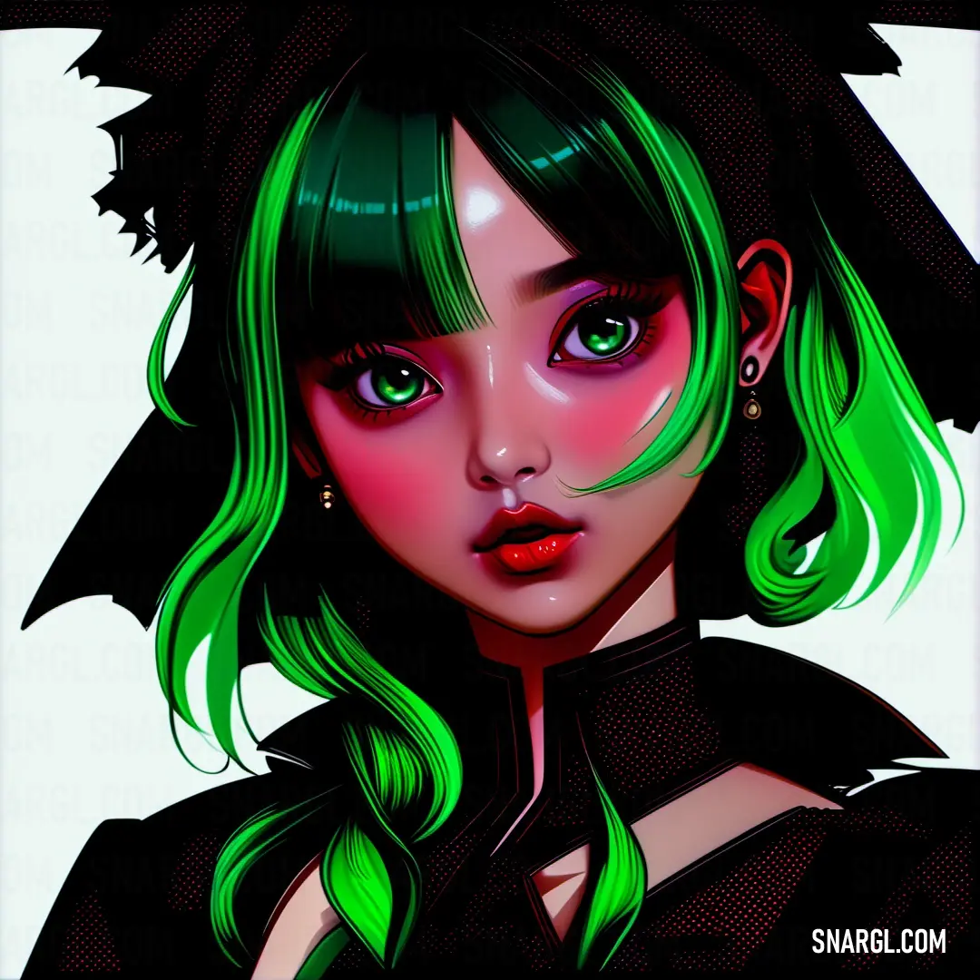 Digital painting of a woman with green hair and a black hat on her head and green hair and green eyes. Example of #32CD32 color.