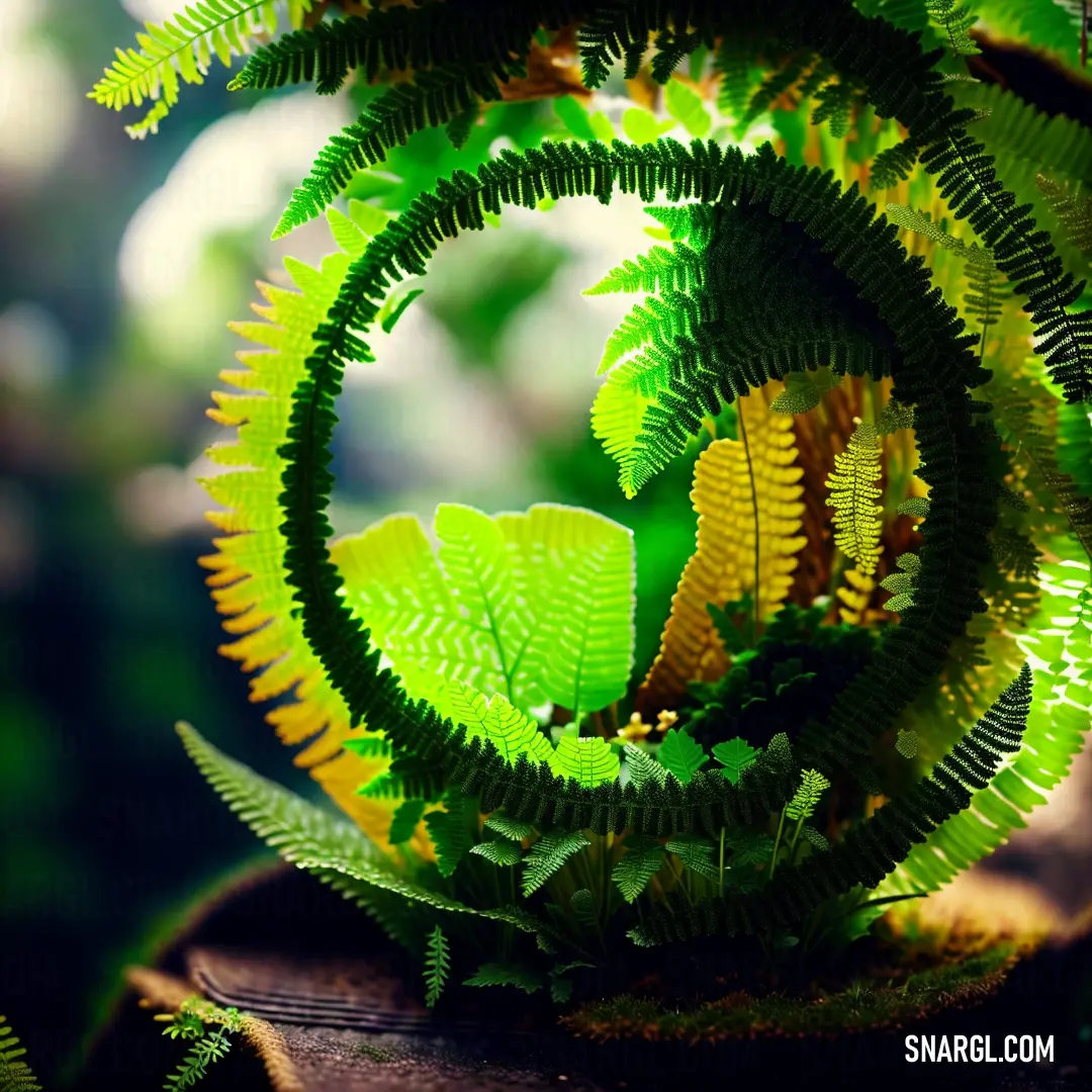 Fern is shown in a circular arrangement on a table top with a blurry background of leaves and a fern