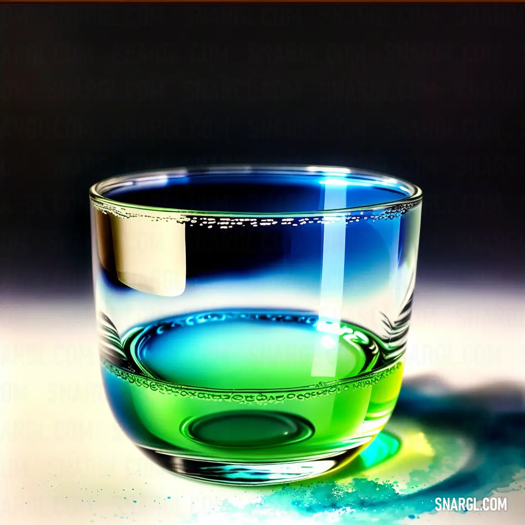 Glass of water with a green liquid in it on a table top with a shadow of a person