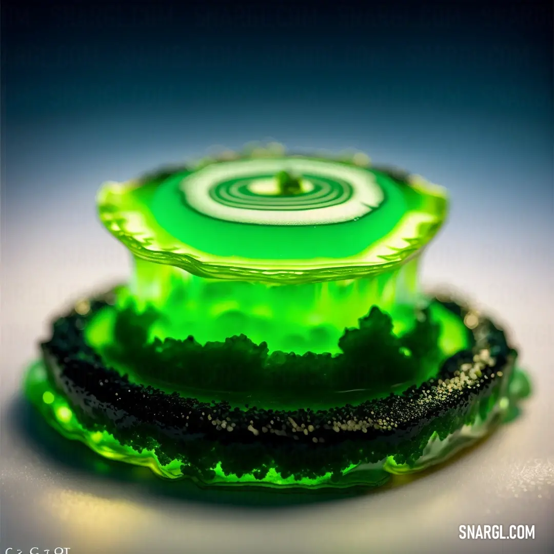 Green glass object on top of a table next to a plate of food on a table top