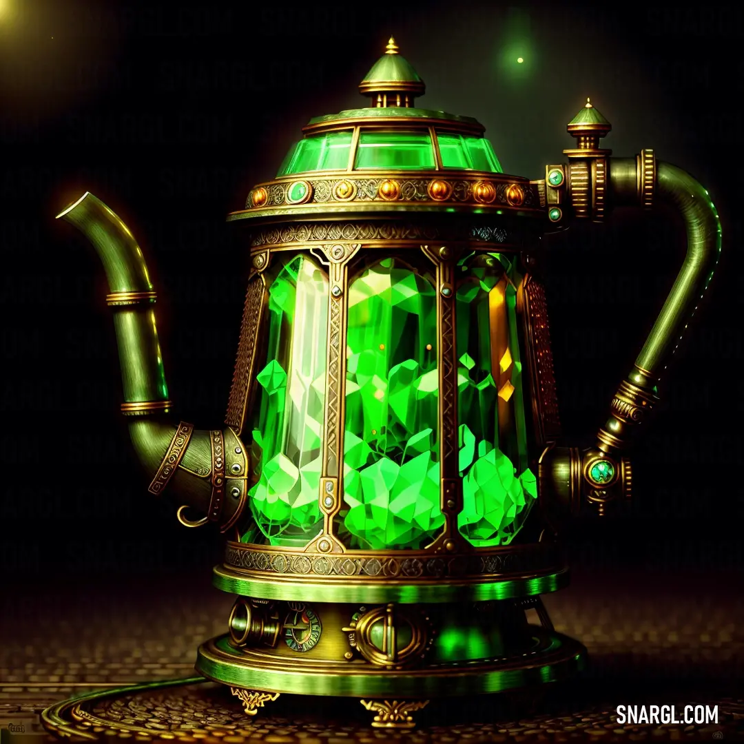 Green glass teapot with a pipe in it's mouth and a green light on top of it