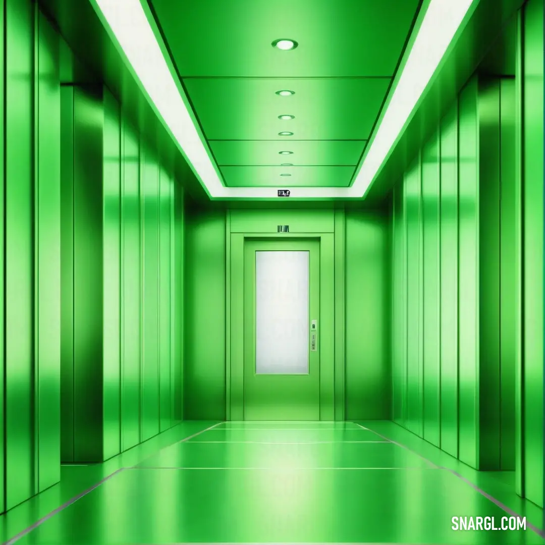 Lime green color. Green hallway with a white door and a light at the end of the hallway is a long hallway with green walls