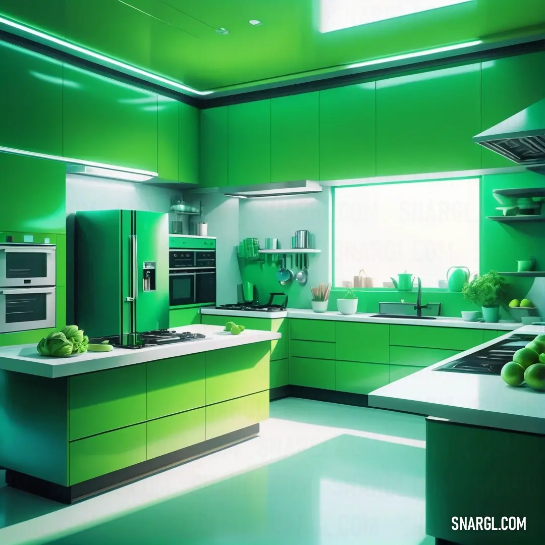 Lime green color. Green kitchen with a sink, stove