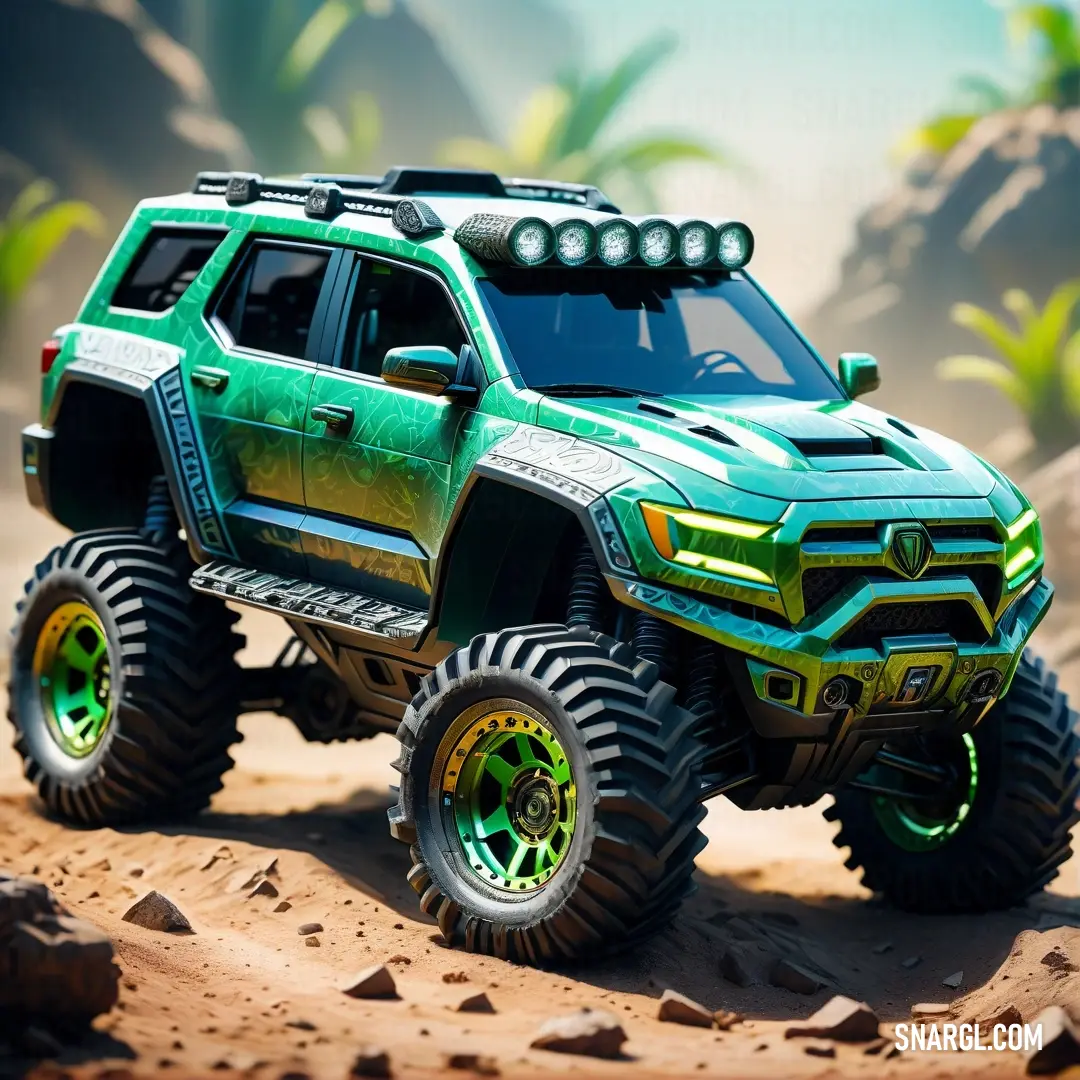 Green monster truck with bright yellow wheels on a dirt road with rocks and trees in the background. Color CMYK 76,0,76,20.