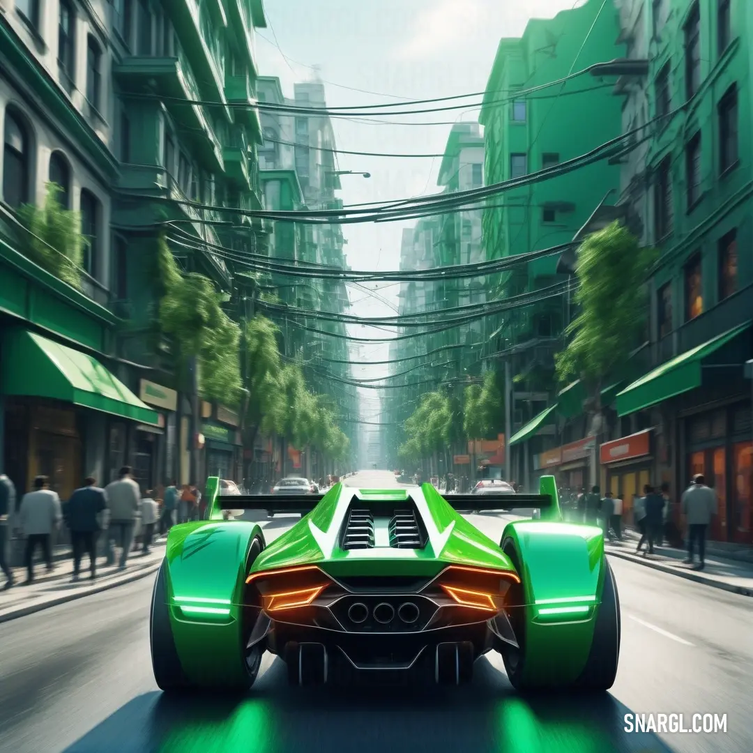 Green sports car driving down a city street with people walking by onlookers in the background. Color RGB 50,205,50.