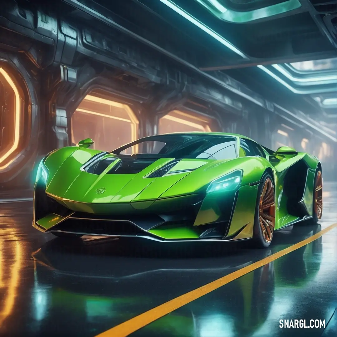 Green sports car in a futuristic setting with neon lights on the ceiling
