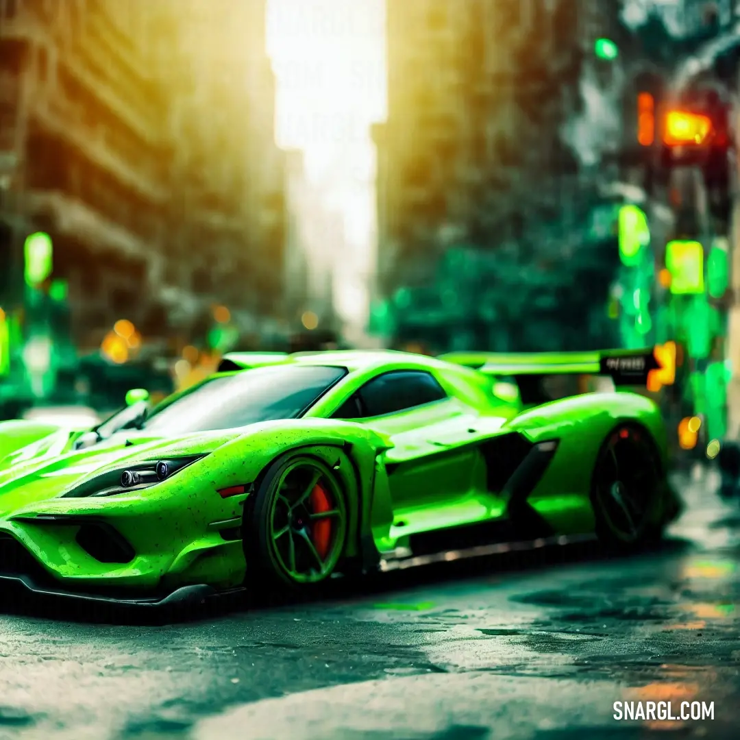 Green sports car is parked on the street in the rain in a city setting with a traffic light