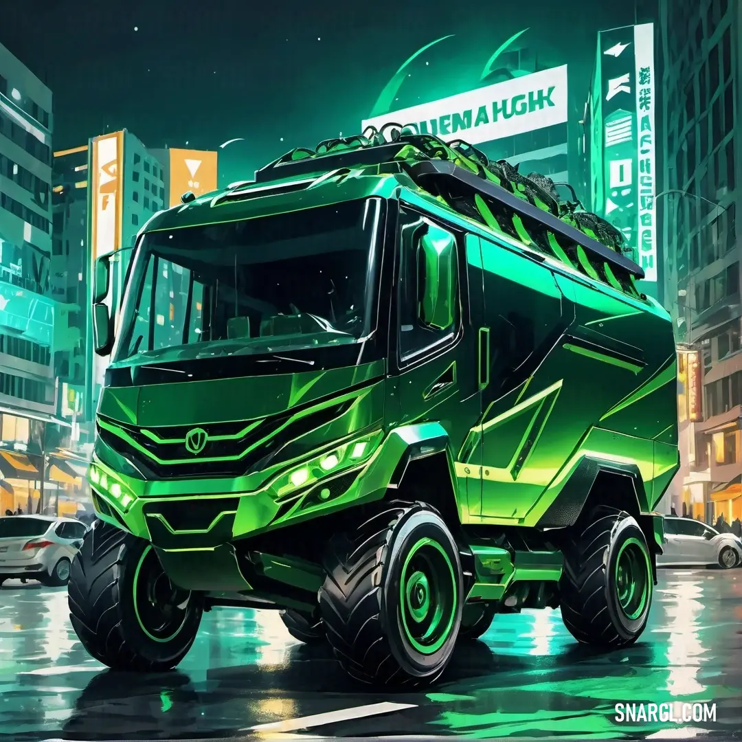 Green truck is parked in the rain in a city at night time with neon lights on the buildings. Color RGB 50,205,50.