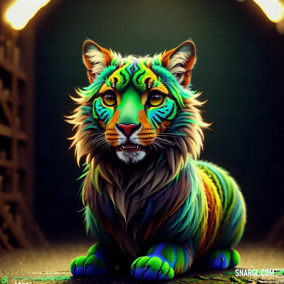 Colorful cat on a floor in a dark room with lights on it's sides and a black background. Color #32CD32.