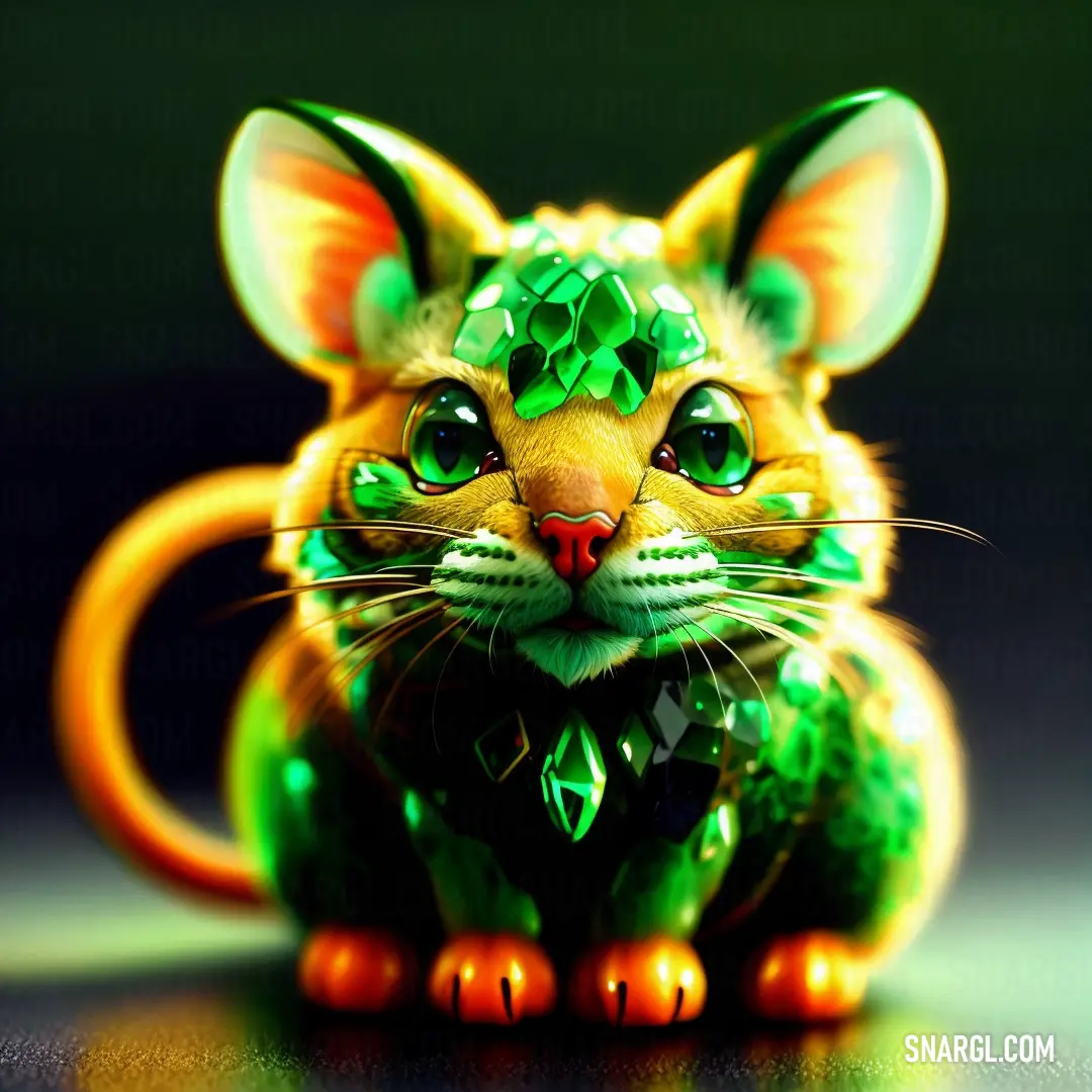 Green and orange cat with a bow on its head. Color #32CD32.