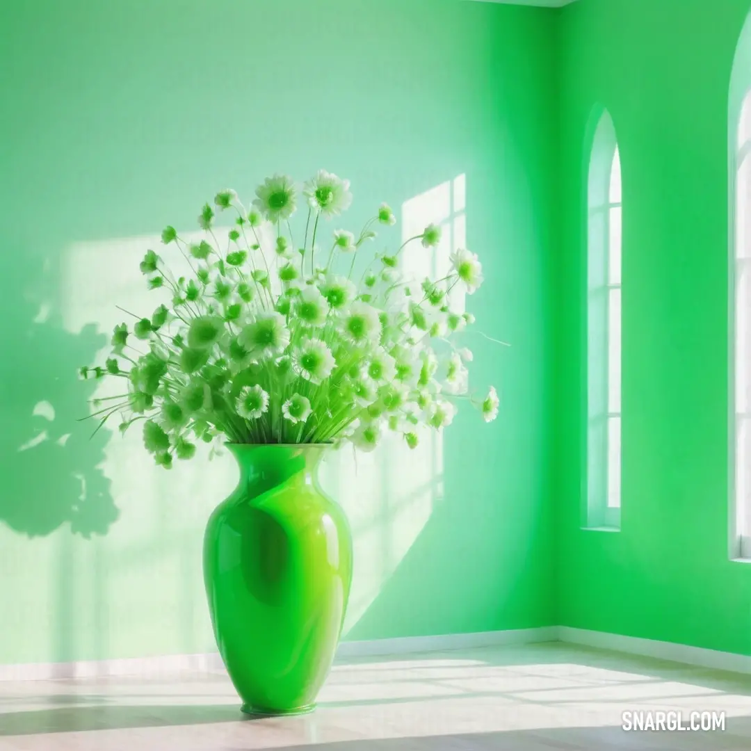 Green vase with white flowers in it on a table in a room with green walls and windows with sunlight coming through the windows