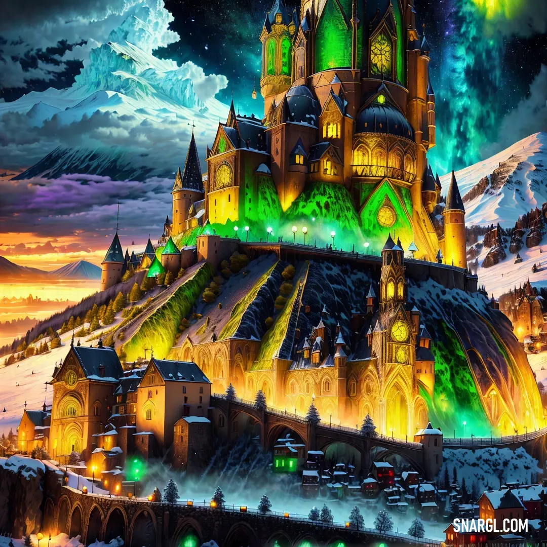 Painting of a castle with a clock on it's tower and a sky background with clouds and stars. Color #32CD32.