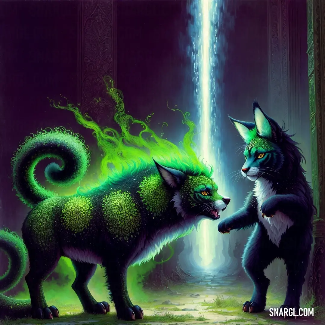 Two cats are facing each other in a dark room with a fountain in the background and a green flame coming from the back of the cat