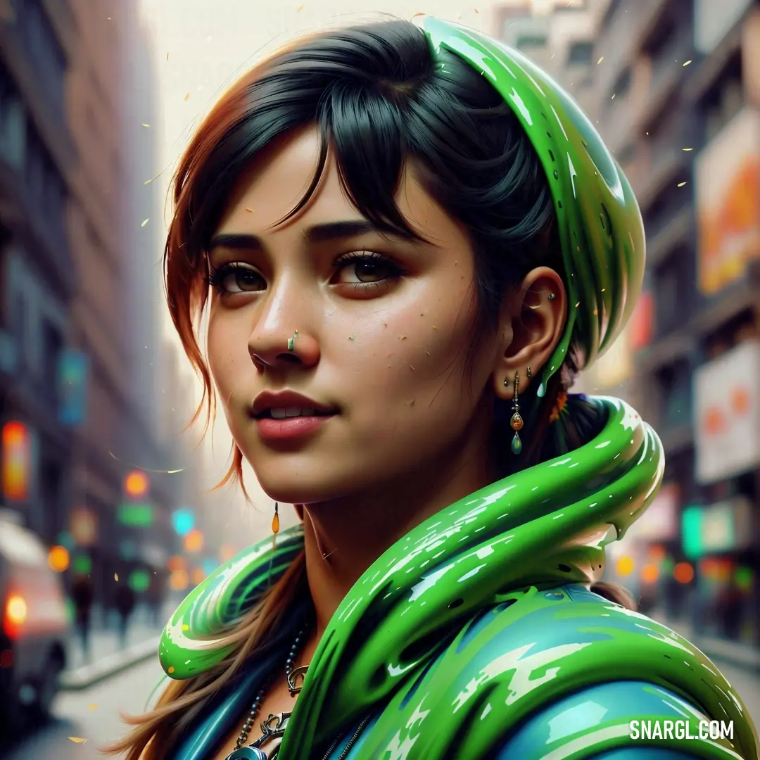 Woman with a green scarf around her neck and a green scarf around her neck