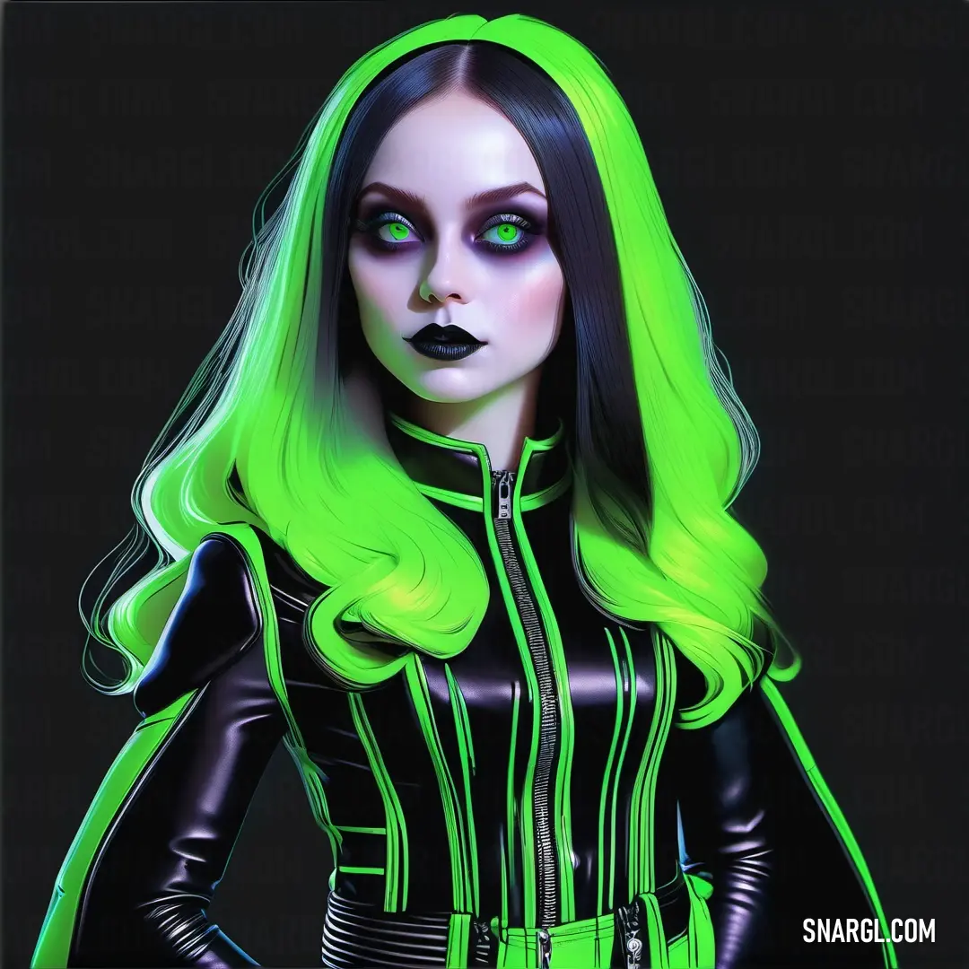 Woman with green hair and black makeup wearing a green and black outfit with a black background