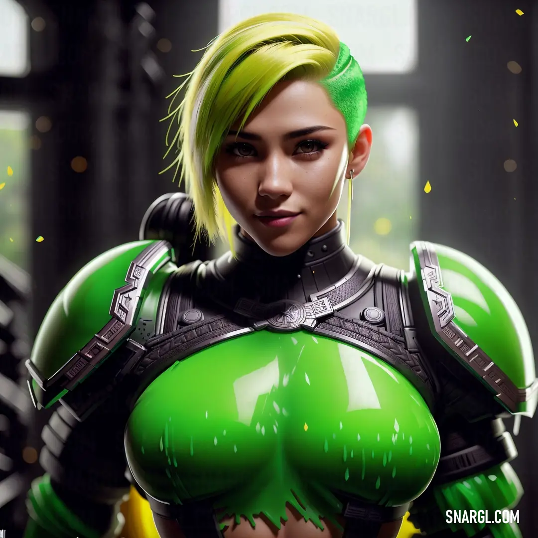Woman with green hair and a green outfit with a green hair and green eyes and chest armor