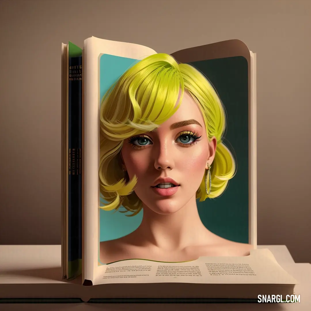 Book with a digital painting of a woman's face inside of it